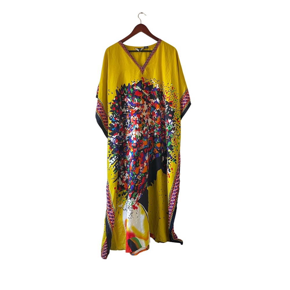 Goddess by‎ Winlar Yellow Graphic Art Kaftan Maxi Dress One Size OSFM